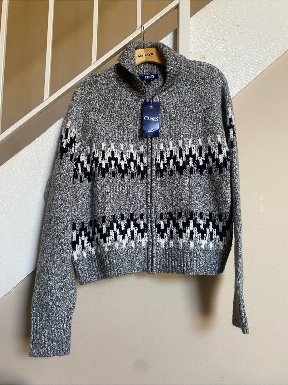 Chaps womens Gray and Black Patterned Zip-Up Sweater